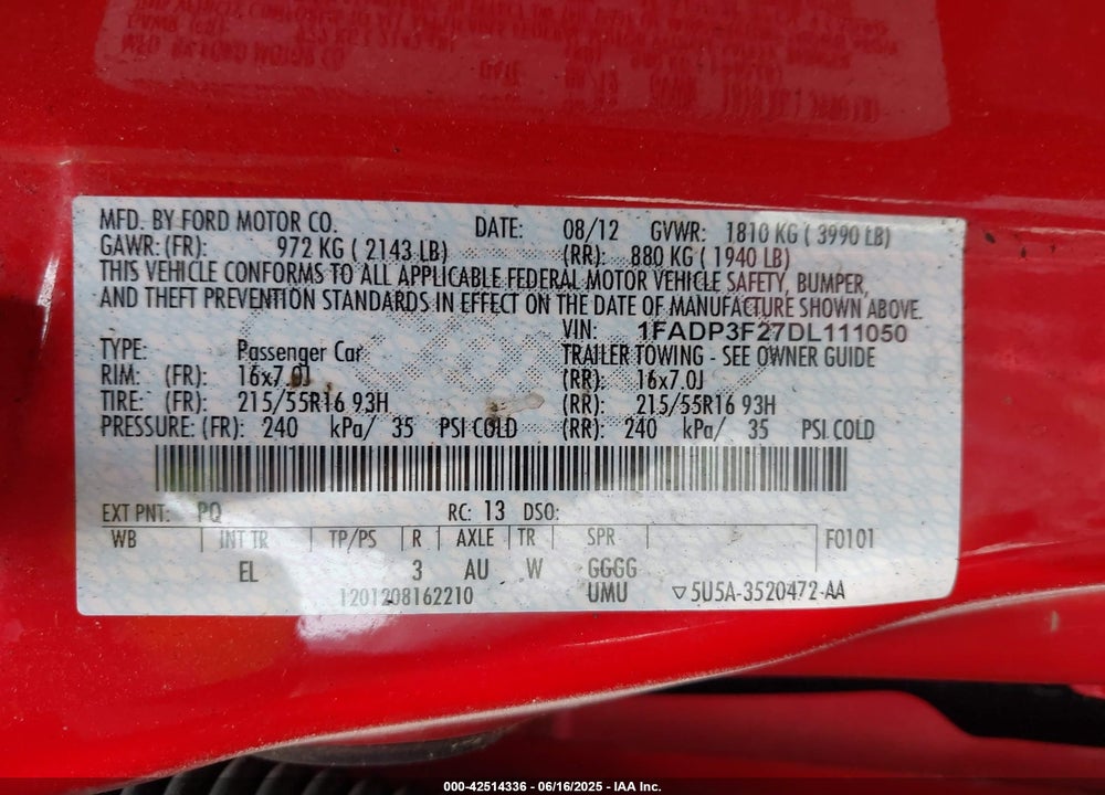 2013 FORD FOCUS VIN: 1FADP3F27DL111050