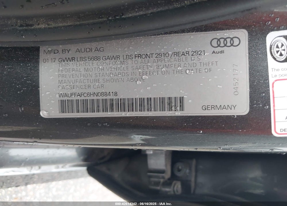 2017 AUDI S6 VIN: WAUFFAFC6HN088418