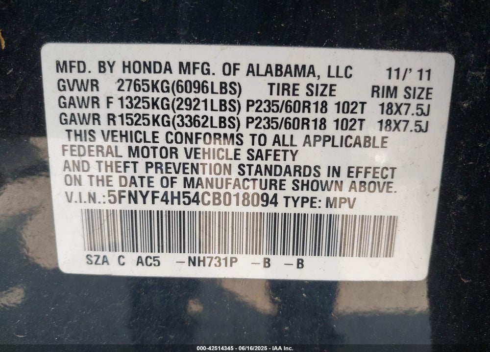 2012 HONDA PILOT EX-L VIN: 5FNYF4H54CB018094