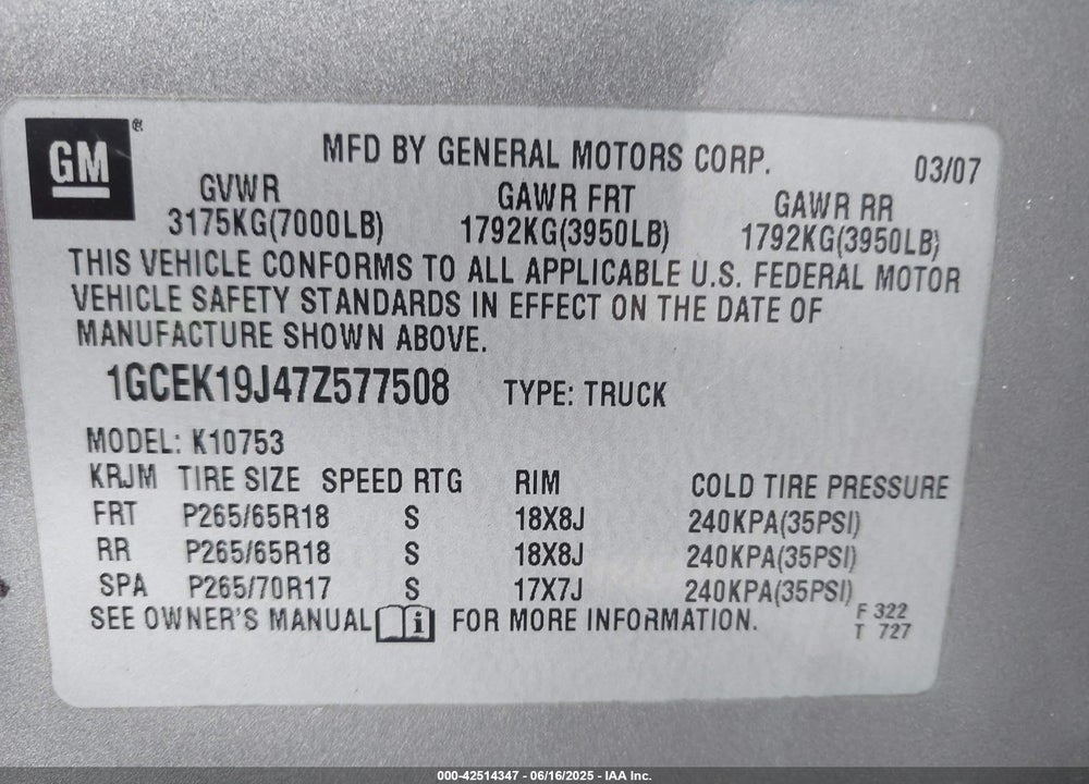 2007 CHEVROLET SILVERADO 1500 LT2 VIN: 1GCEK19J47Z577508