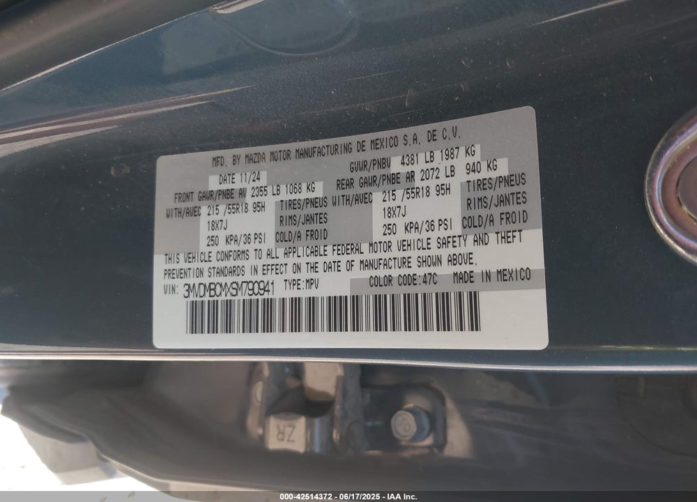 2025 MAZDA CX-30 2.5 S CARBON EDITION VIN: 3MVDMBCMXSM790941