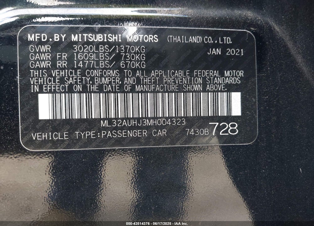 2021 MITSUBISHI MIRAGE VIN: ML32AUHJ3MH004323