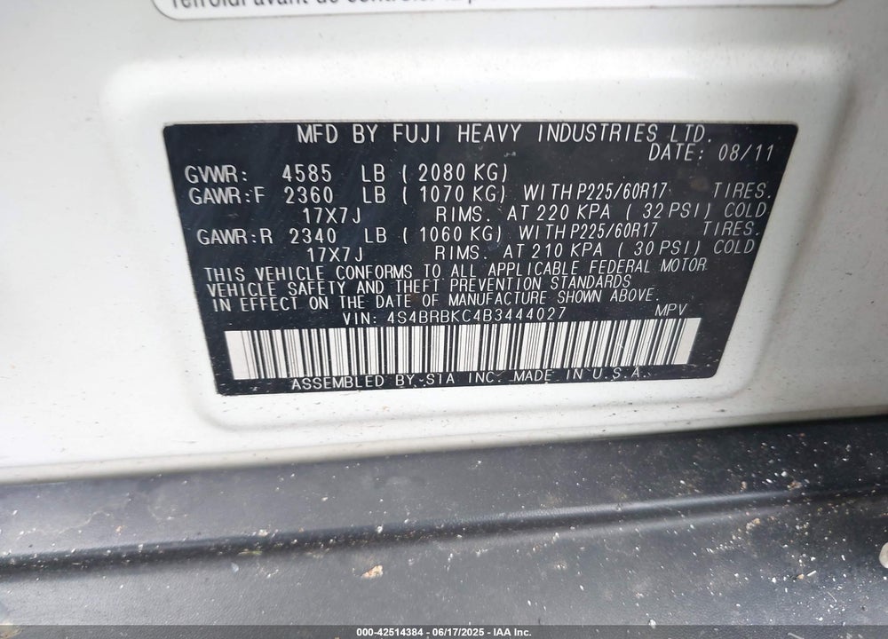 2011 SUBARU OUTBACK VIN: 4S4BRBKC4B3444027