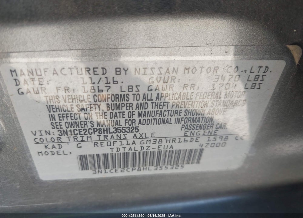 2017 NISSAN VERSA NOTE SV VIN: 3N1CE2CP8HL355325