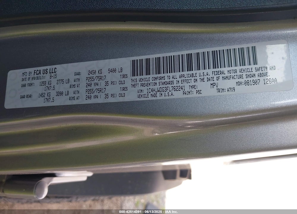 2015 JEEP WRANGLER UNLIMITED SPORT VIN: 1C4HJWDG3FL762241