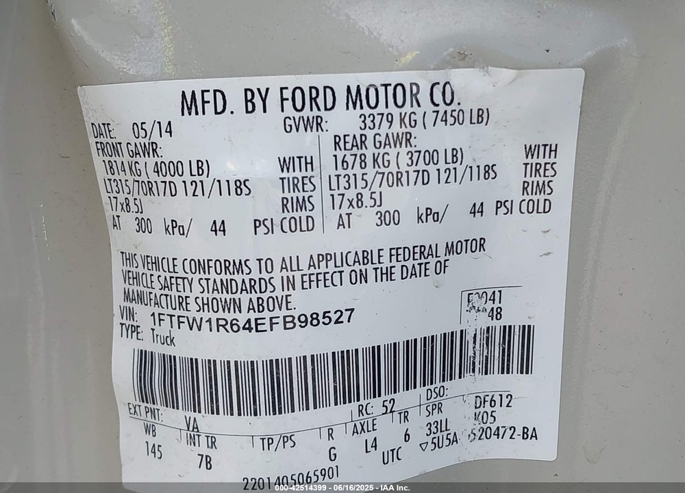 2014 FORD F150 VIN: 1FTFW1R64EFB98527