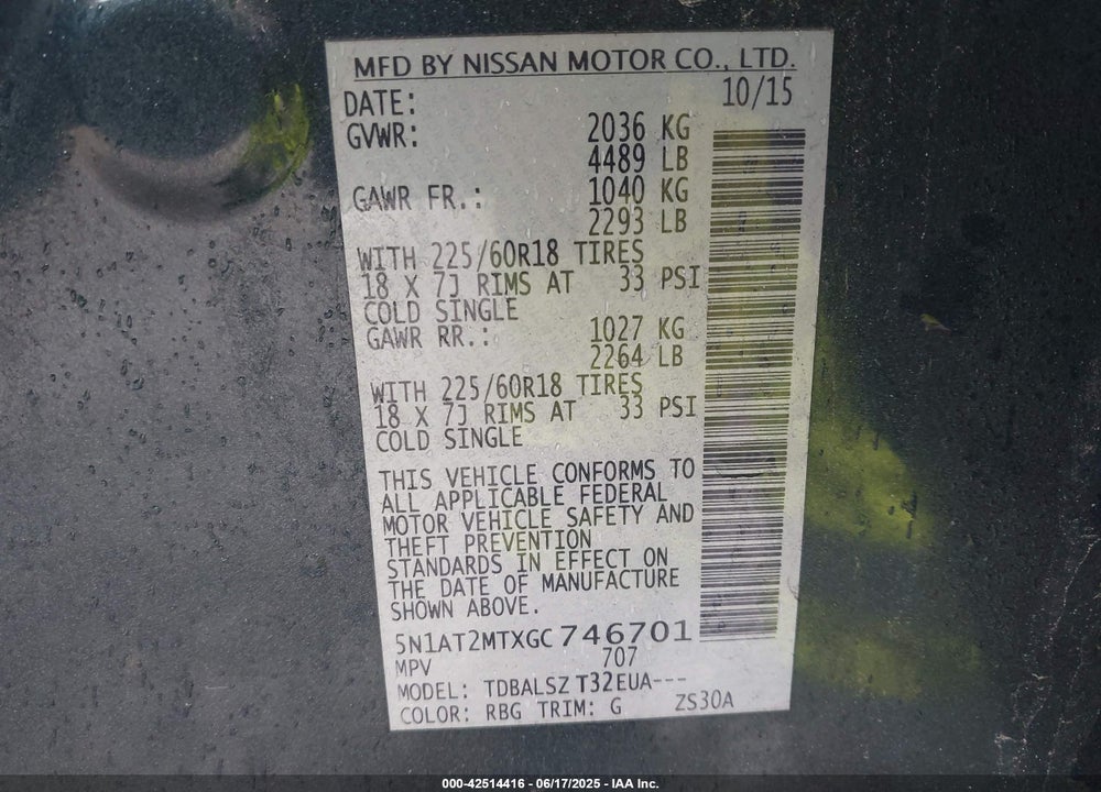 2016 NISSAN ROGUE SL VIN: 5N1AT2MTXGC746701