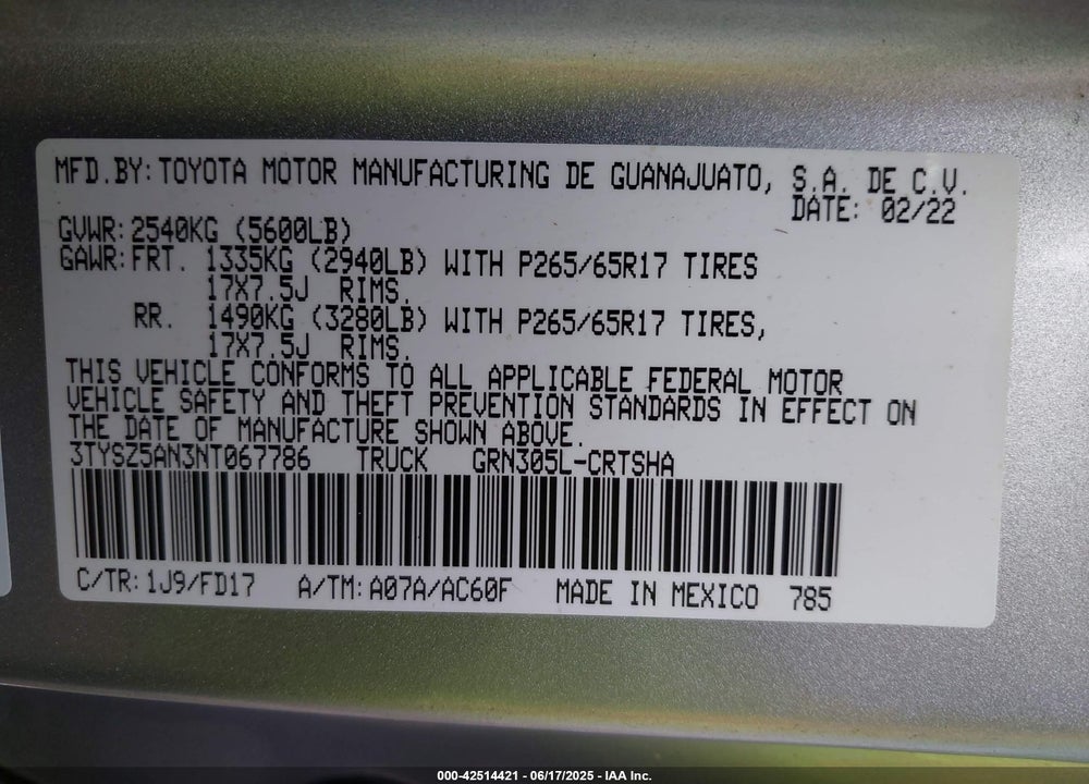 2022 TOYOTA TACOMA VIN: 3TYSZ5AN3NT067786