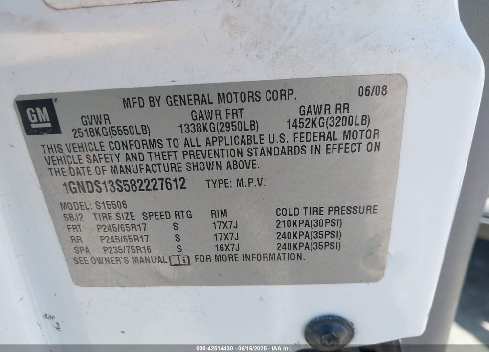 2008 CHEVROLET TRAILBLAZER VIN: 1GNDS13S582227612