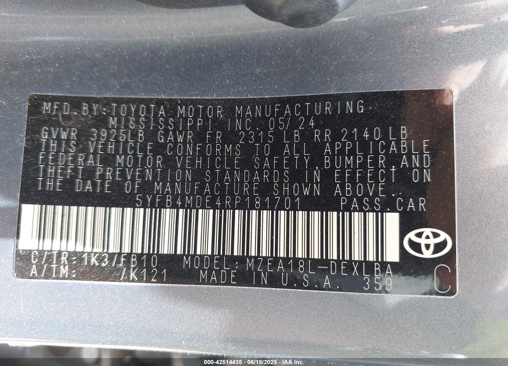 2024 TOYOTA COROLLA LE VIN: 5YFB4MDE4RP181701