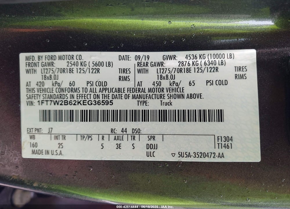 2019 FORD F-250 VIN: 1FT7W2B62KEG36595