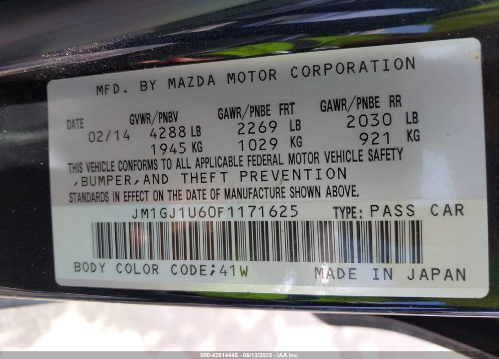 2015 MAZDA 6 I SPORT VIN: JM1GJ1U60F1171625