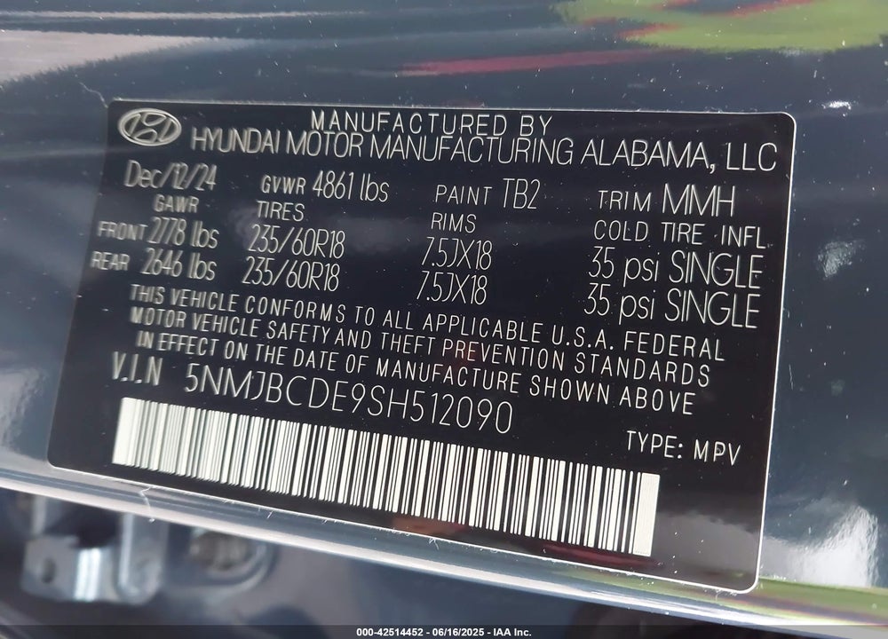 2025 HYUNDAI TUCSON VIN: 5NMJBCDE9SH512090