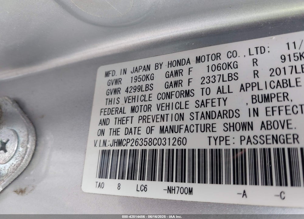 2008 HONDA ACCORD 2.4 LX VIN: JHMCP26358C031260
