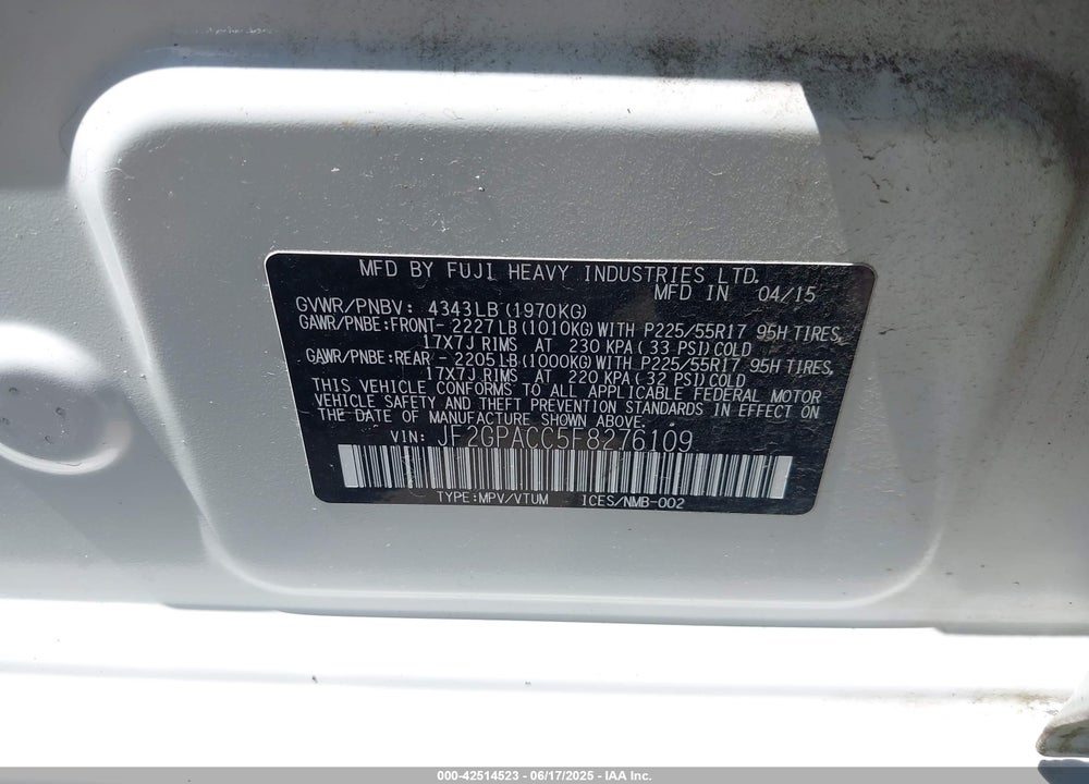2015 SUBARU XV CROSSTREK 2.0I PREMIUM VIN: JF2GPACC5F8276109