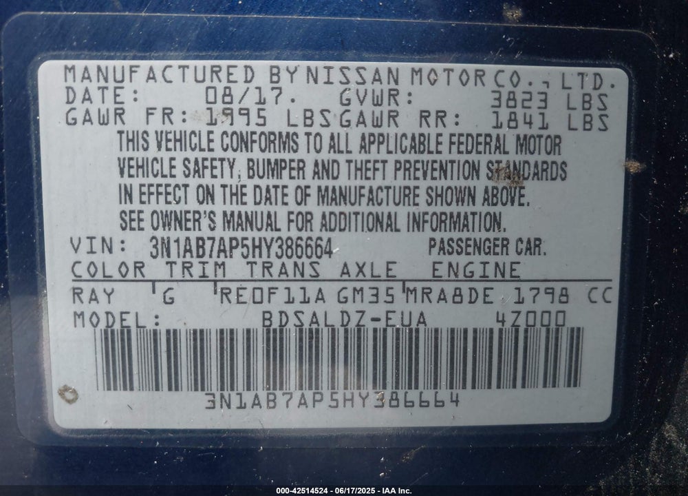2017 NISSAN SENTRA VIN: 3N1AB7AP5HY386664