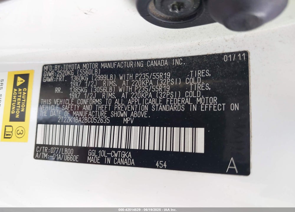 2011 LEXUS RX 350 VIN: 2T2ZK1BA2BC052635