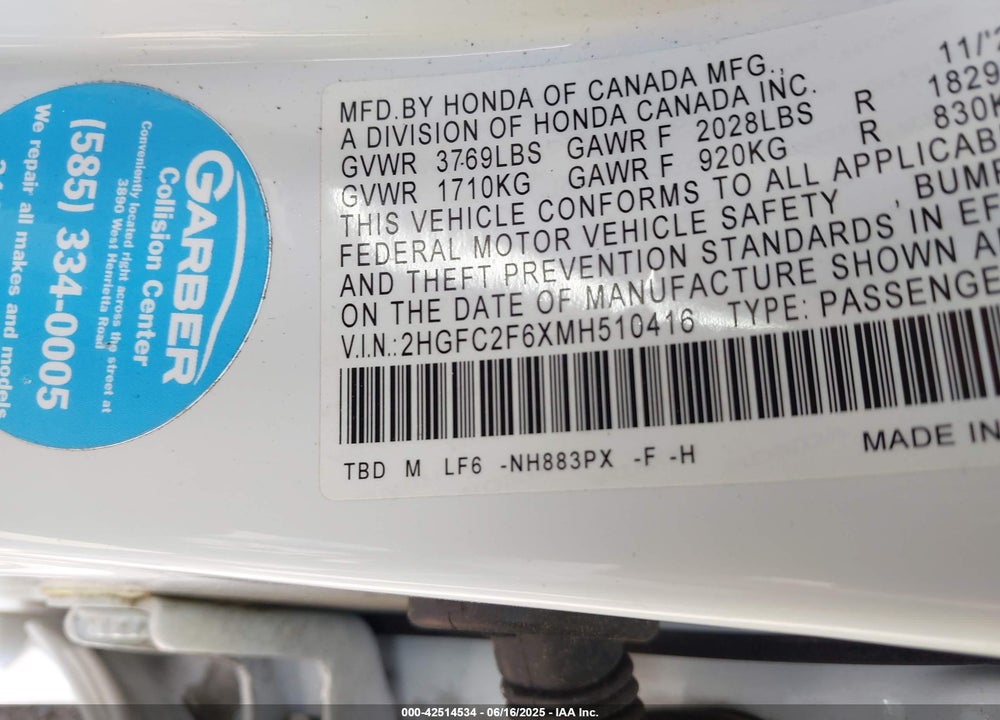 2021 HONDA CIVIC VIN: 2HGFC2F6XMH510416