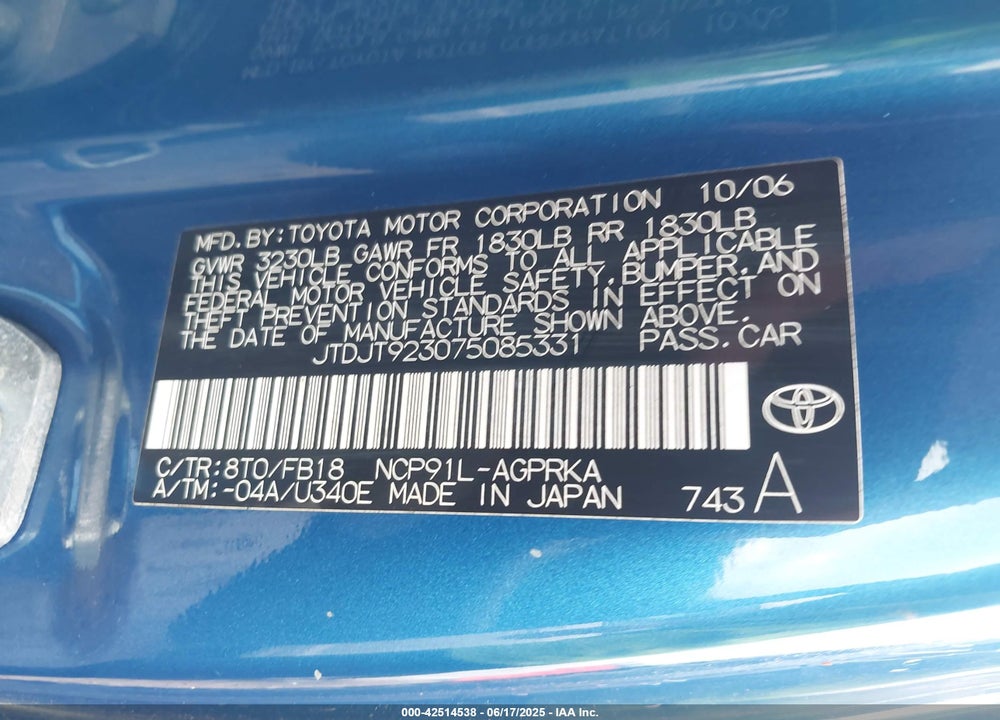 2007 TOYOTA YARIS VIN: JTDJT923075085331