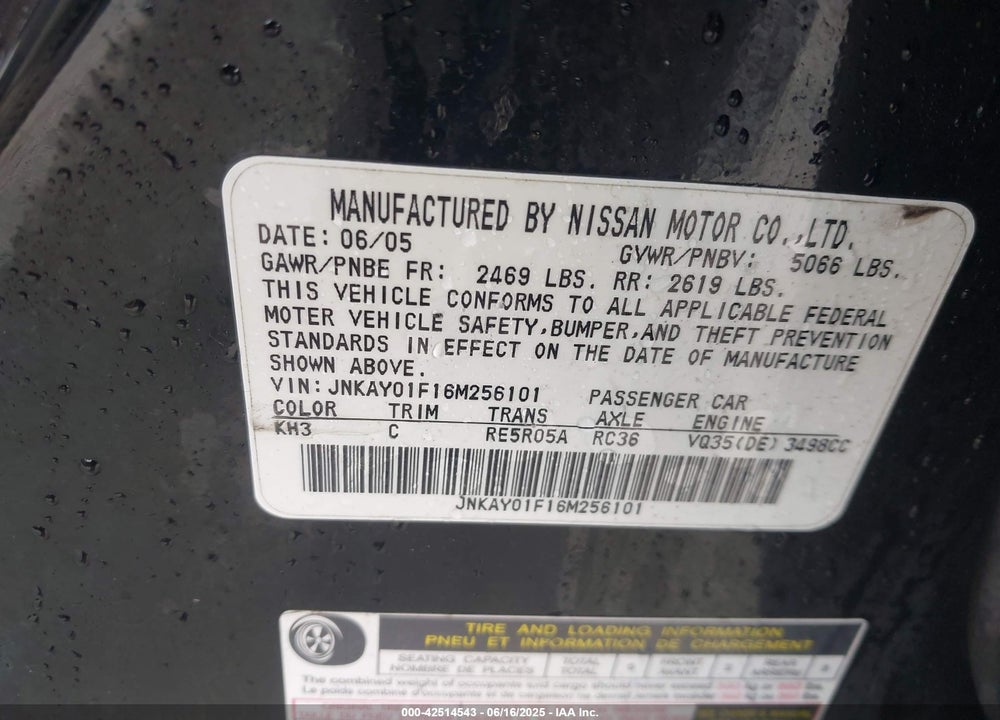 2006 INFINITI M35X VIN: JNKAY01F16M256101