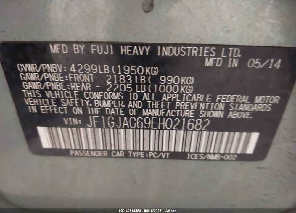 2014 SUBARU IMPREZA 2.0I LIMITED VIN: JF1GJAG69EH021682