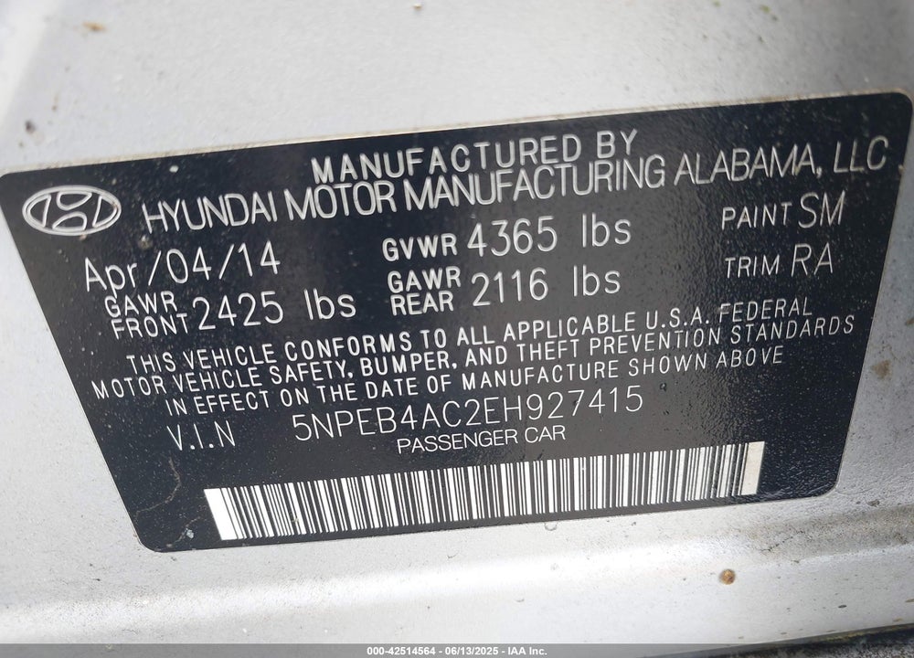 2014 HYUNDAI SONATA GLS VIN: 5NPEB4AC2EH927415