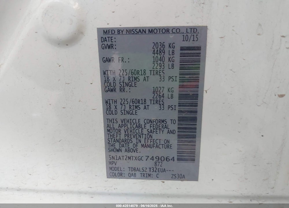 2016 NISSAN ROGUE VIN: 5N1AT2MTXGC749064