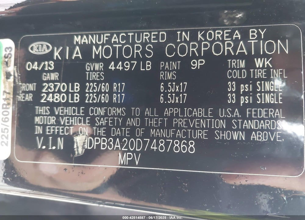 2013 KIA SPORTAGE VIN: KNDPB3A20D7487868