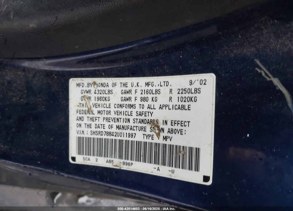2002 HONDA CR-V EX VIN: SHSRD78842U011997