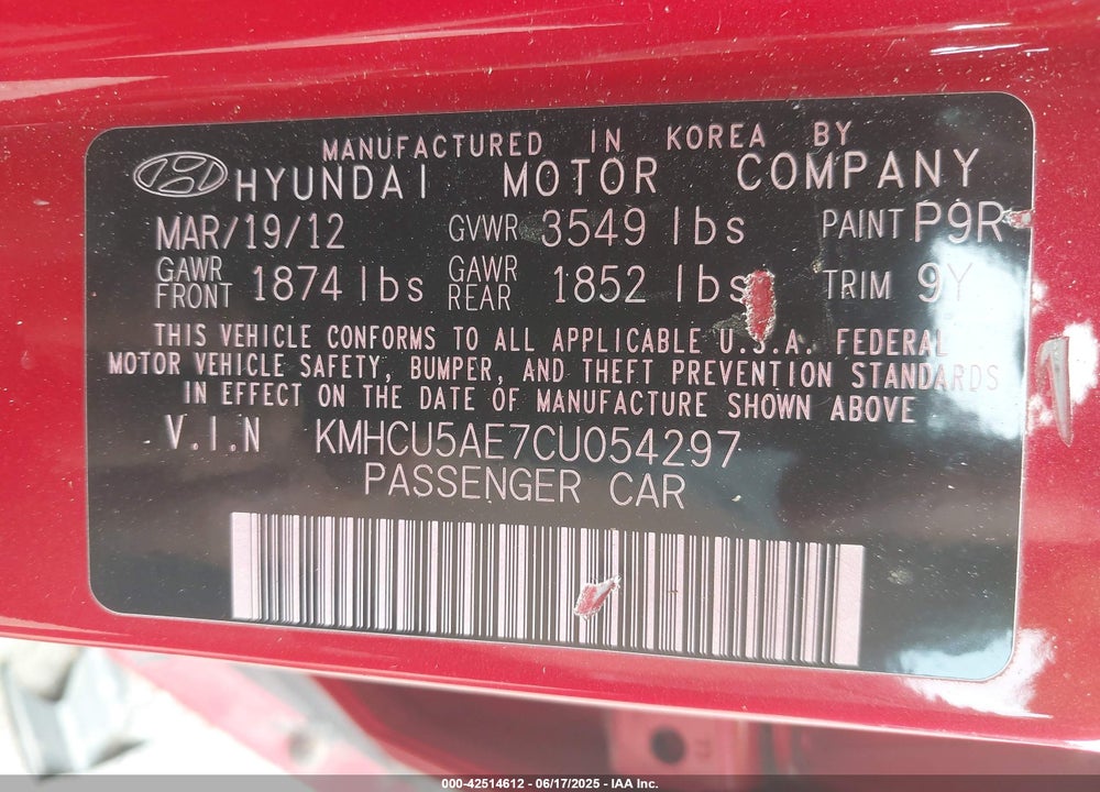 2012 HYUNDAI ACCENT SE VIN: KMHCU5AE7CU054297