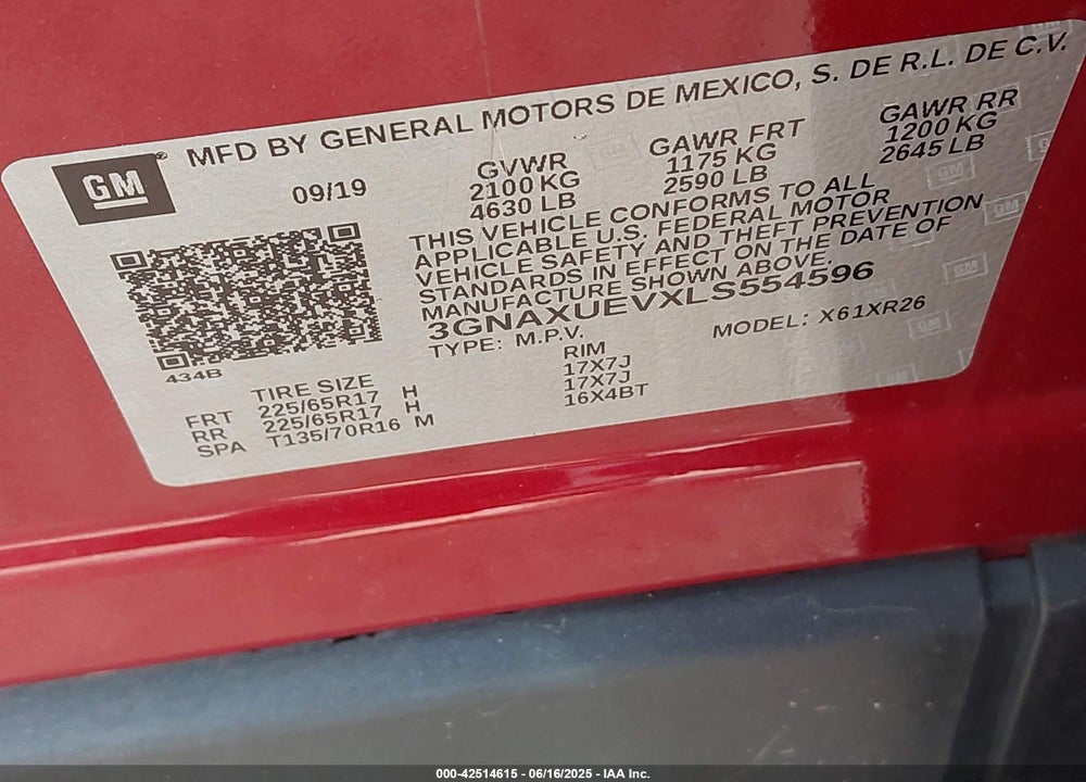 2020 CHEVROLET EQUINOX VIN: 3GNAXUEVXLS554596