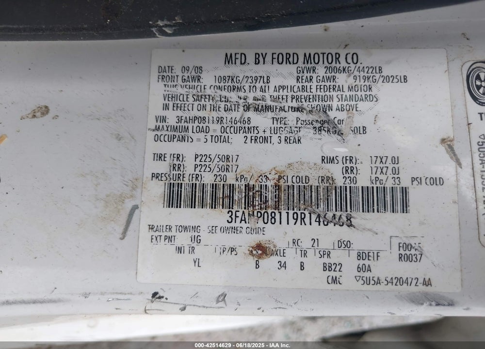 2009 FORD FUSION VIN: 3FAHP08119R146468