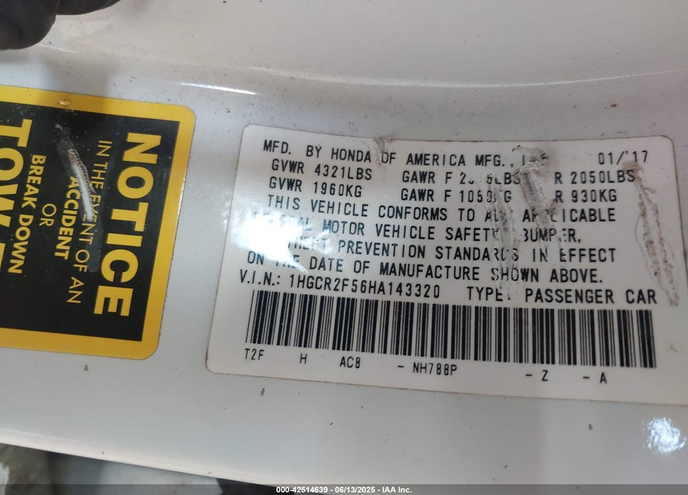 2017 HONDA ACCORD VIN: 1HGCR2F56HA143320