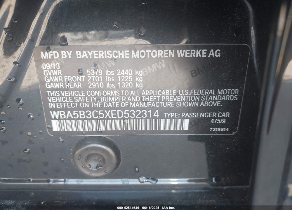 2014 BMW 5 SERIES VIN: WBA5B3C5XED532314