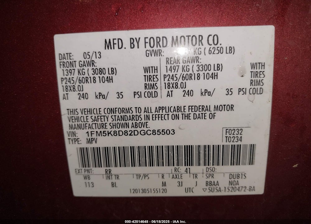 2013 FORD EXPLORER VIN: 1FM5K8D82DGC85503