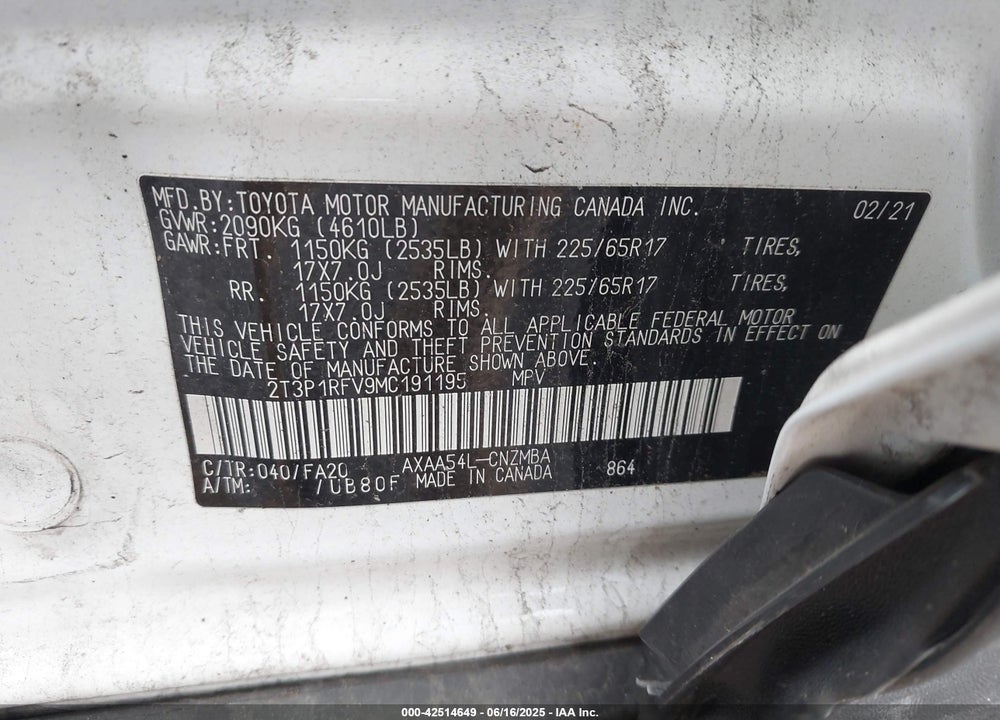2021 TOYOTA RAV4 VIN: 2T3P1RFV9MC191195