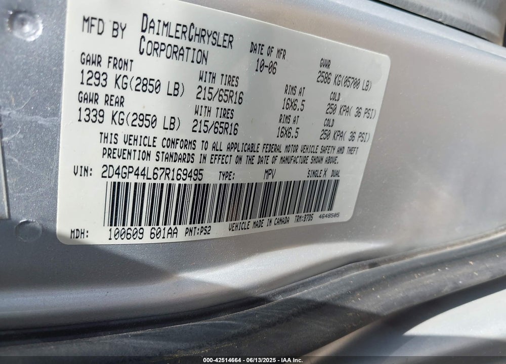 2007 DODGE GRAND CARAVAN SXT VIN: 2D4GP44L67R169495