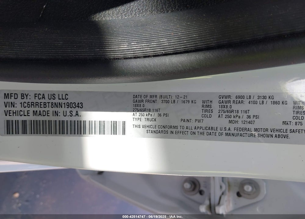 2022 RAM 1500 VIN: 1C6RREBT8NN190343