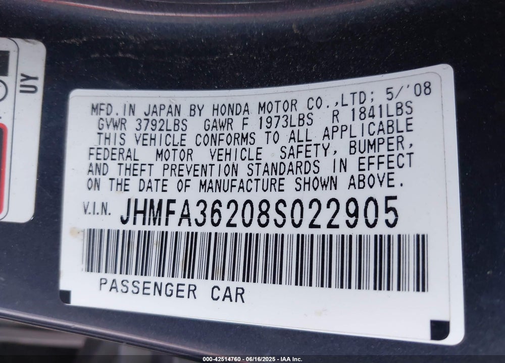 2008 HONDA CIVIC HYBRID VIN: JHMFA36208S022905