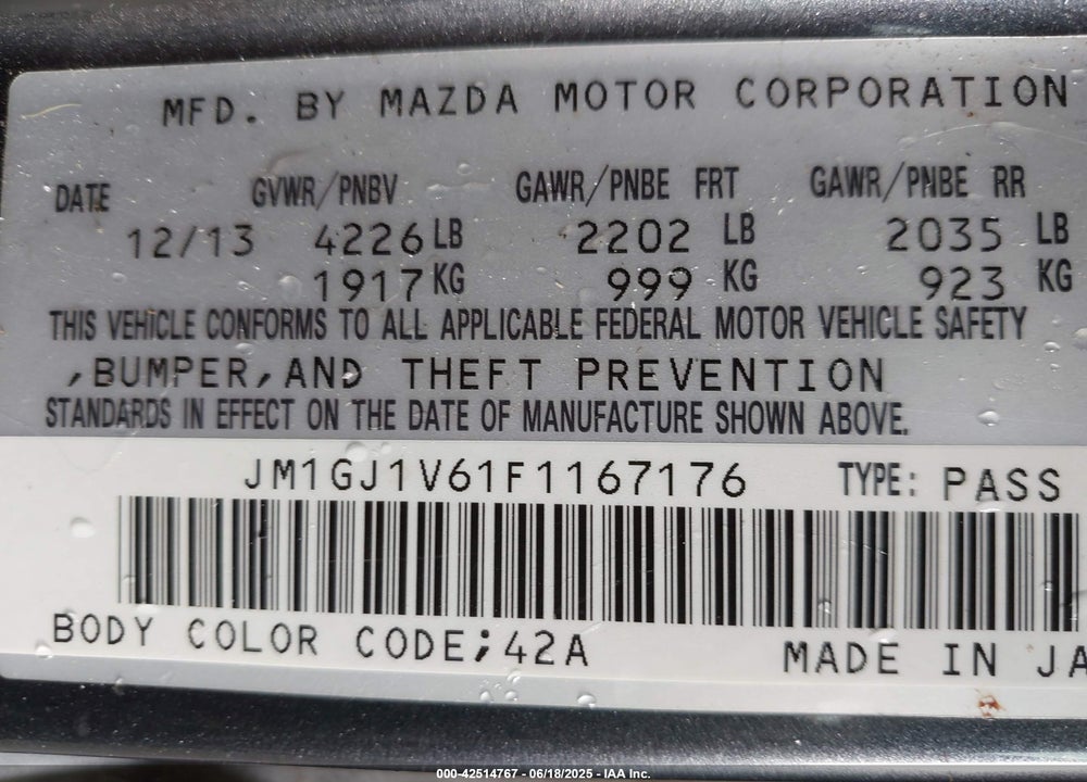 2015 MAZDA 6 VIN: JM1GJ1V61F1167176