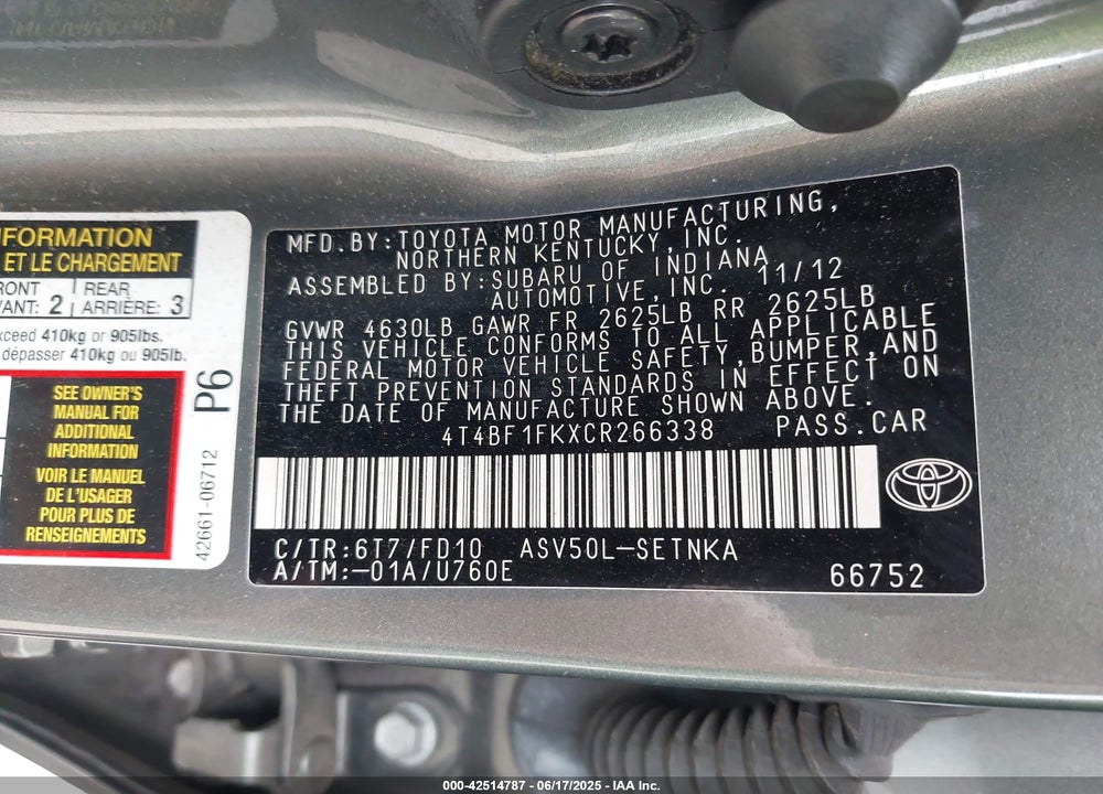 2012 TOYOTA CAMRY LE VIN: 4T4BF1FKXCR266338