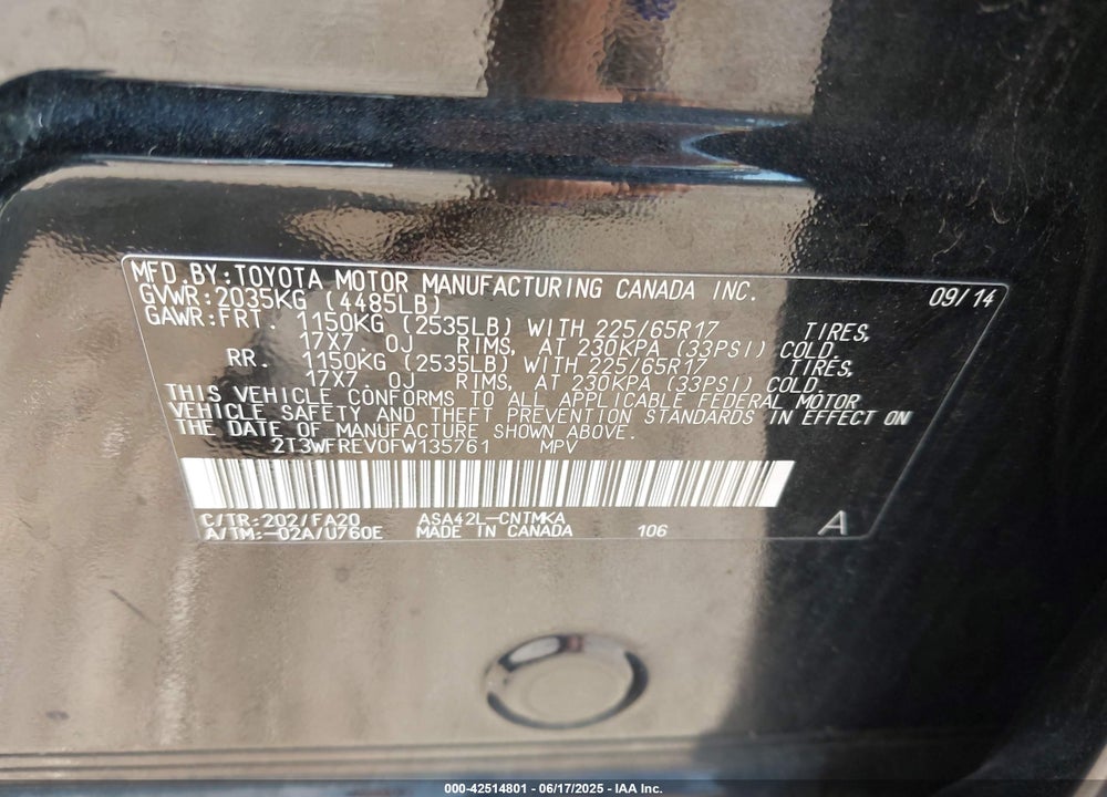 2015 TOYOTA RAV4 XLE VIN: 2T3WFREV0FW135761