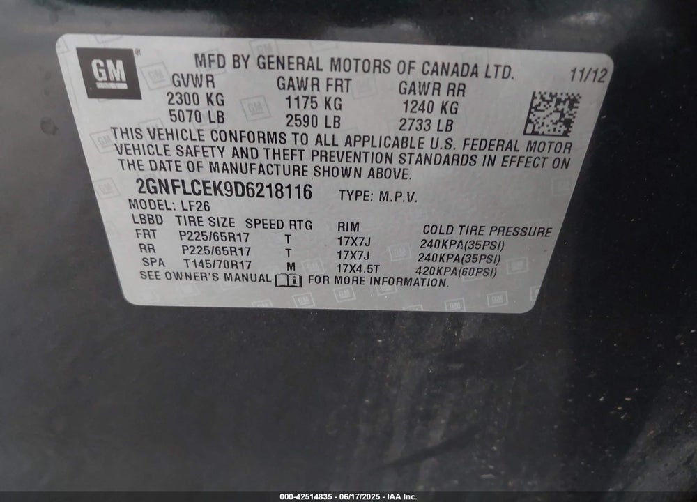 2013 CHEVROLET EQUINOX VIN: 2GNFLCEK9D6218116