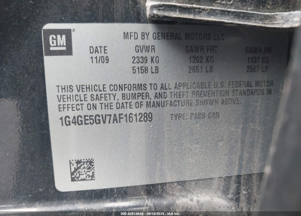 2010 BUICK LACROSSE CXS VIN: 1G4GE5GV7AF161289