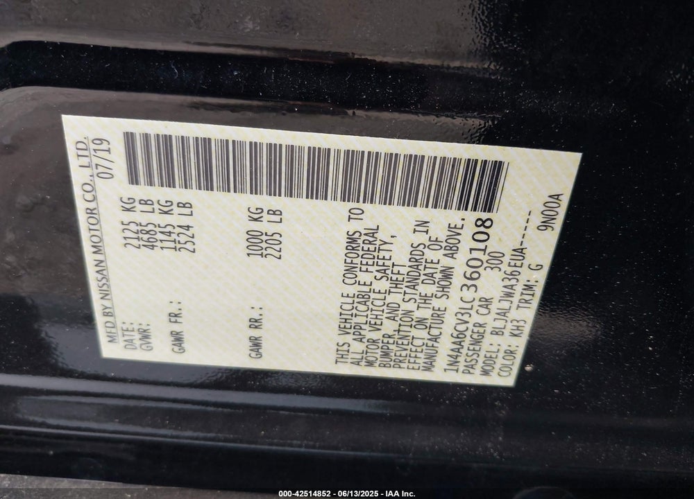 2020 NISSAN MAXIMA VIN: 1N4AA6CV3LC360108