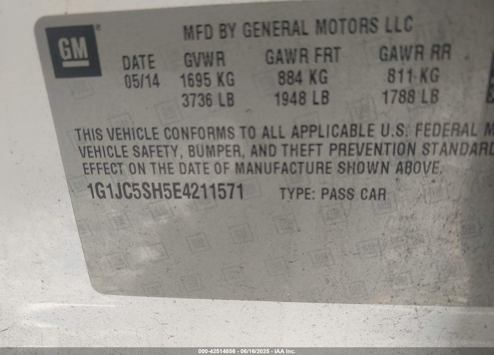 2014 CHEVROLET SONIC VIN: 1G1JC5SH5E4211571