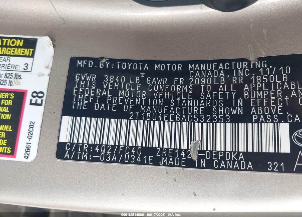 2010 TOYOTA COROLLA VIN: 2T1BU4EE6AC532353