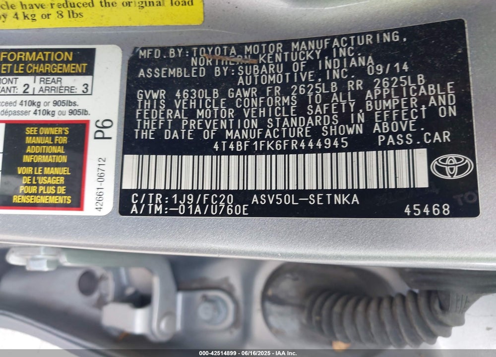 2015 TOYOTA CAMRY VIN: 4T4BF1FK6FR444945