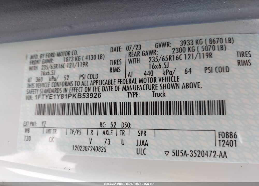 2023 FORD TRANSIT-150 VIN: 1FTYE1Y81PKB53926