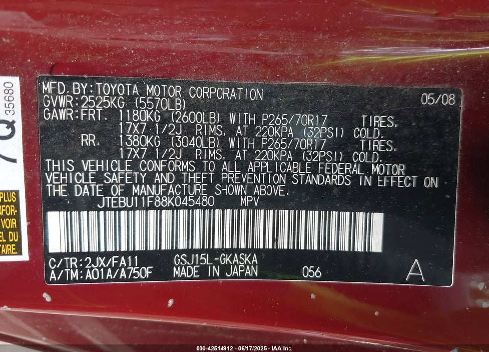 2008 TOYOTA FJ CRUISER VIN: JTEBU11F88K045480